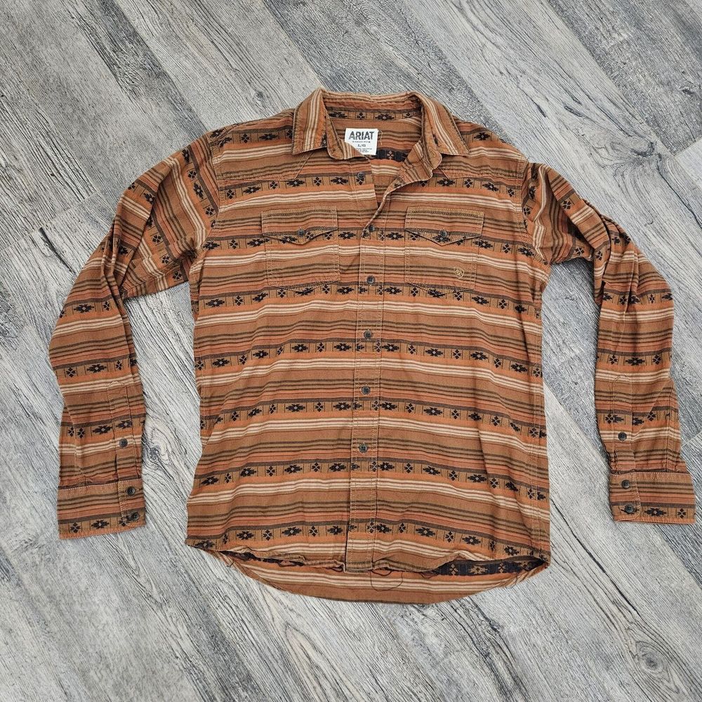 Ariat Retro Fit Western Button Up Shirt Mens L Aztec Sienna Brown Work Cowboy